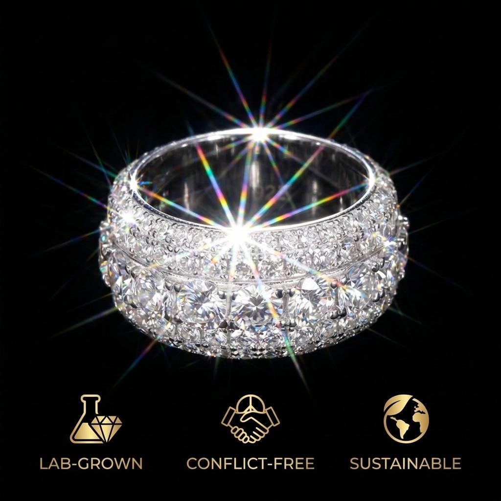 Moissanite Ring for Women - Triple Row Pave Setting D Color VVS1 Clarity 9.25 Hardness Lab Grown Diamond Alternative Engagement Wedding Band