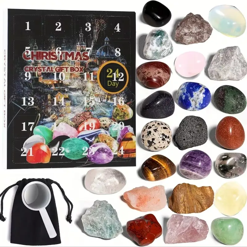 Christmas Countdown Calendar Set, 25 Pieces Box, Includes 24 Natural Crystal Stones, Minerals, Fossils, Perfect for Holiday Counting Down