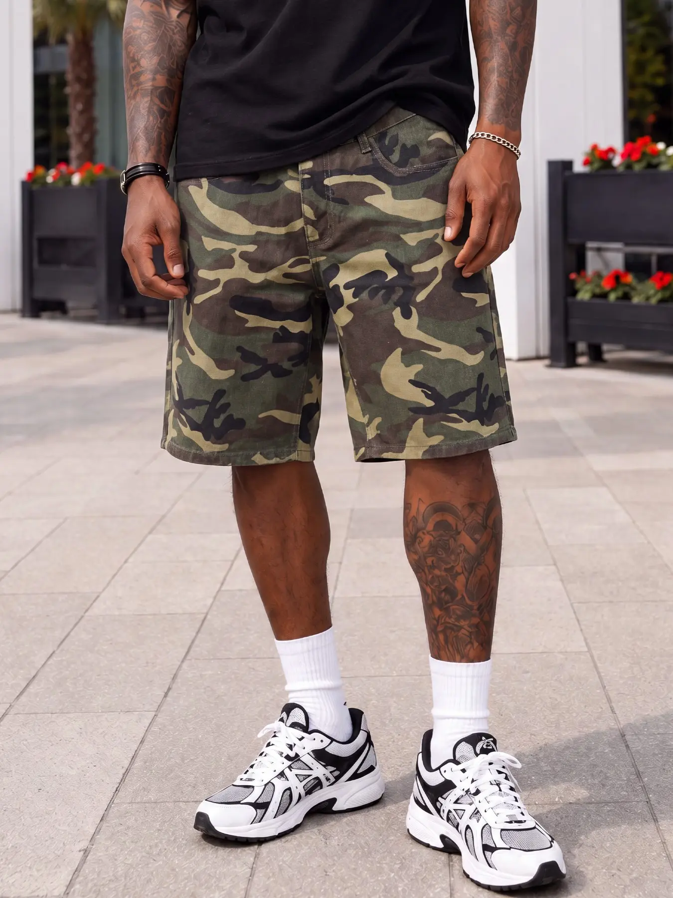 Men’s Camouflage Loose Denim Shorts, Straight-Leg Wide-Leg Knee-Length Jorts, Suitable for Summer Daily Wear, Going Out, Hangouts, Commuting, College, Outdoor Activities, and Casual Outfits