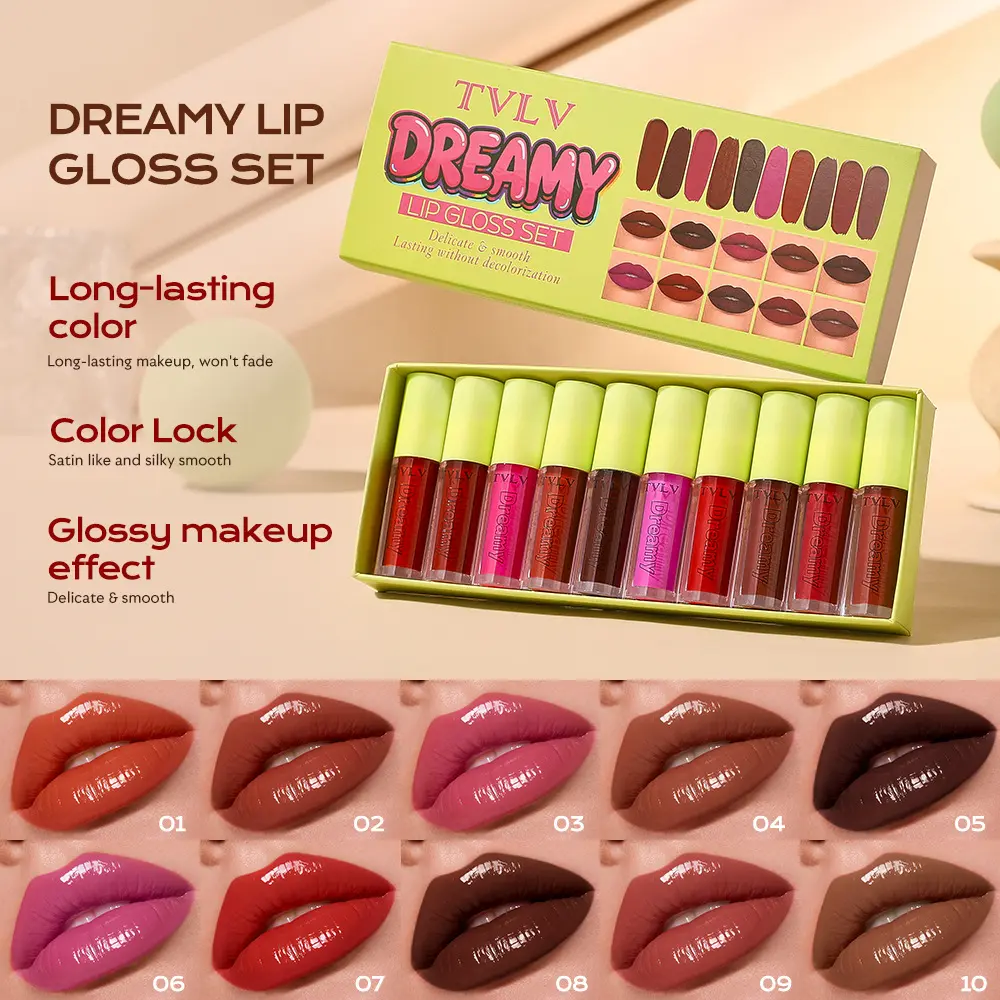 10PCS Lip Glaze Set Box Water Gloss Glossy Mirror Lip Gloss Lip Gloss Waterproof Non Stick Cup Lipstick Set Moisturizing Lip Gloss Makeup