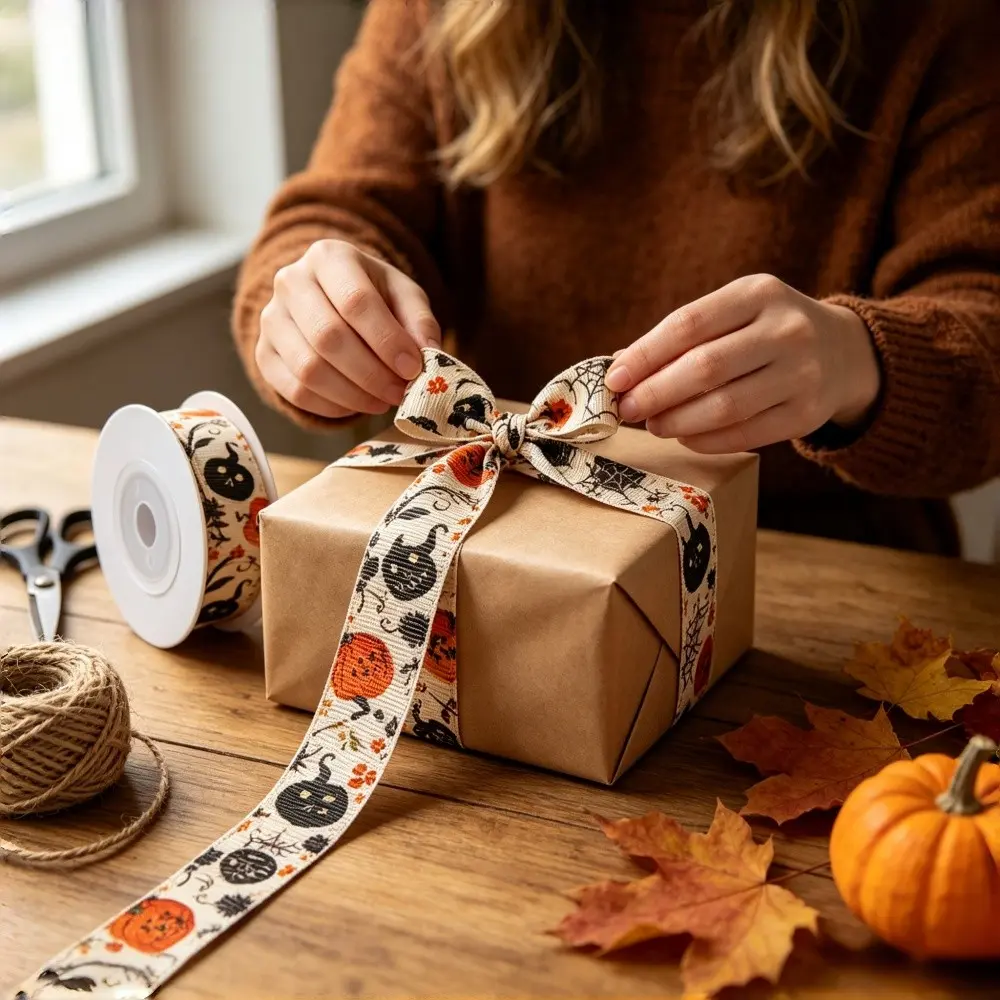 1Roll Halloween Pumpkin Print Grosgrain Ribbon 1.6cm Wide Vintage Craft Ribbon for Holiday Gift Wrapping, Floral Bouquet Bundling, Hair Accessory Making & Party Favor Decor