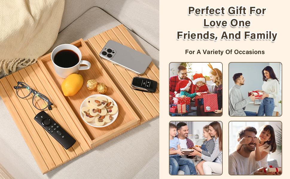 Bamboo Sofa Arm Tray, Anti-Dropping Couch Arm Tray, Foldable Sofa Armrest Tray Couch Arm Table for Eats, Drinks, Snacks, Remote, Cellphone, Cup Holder, Back Anti-Slip Pad