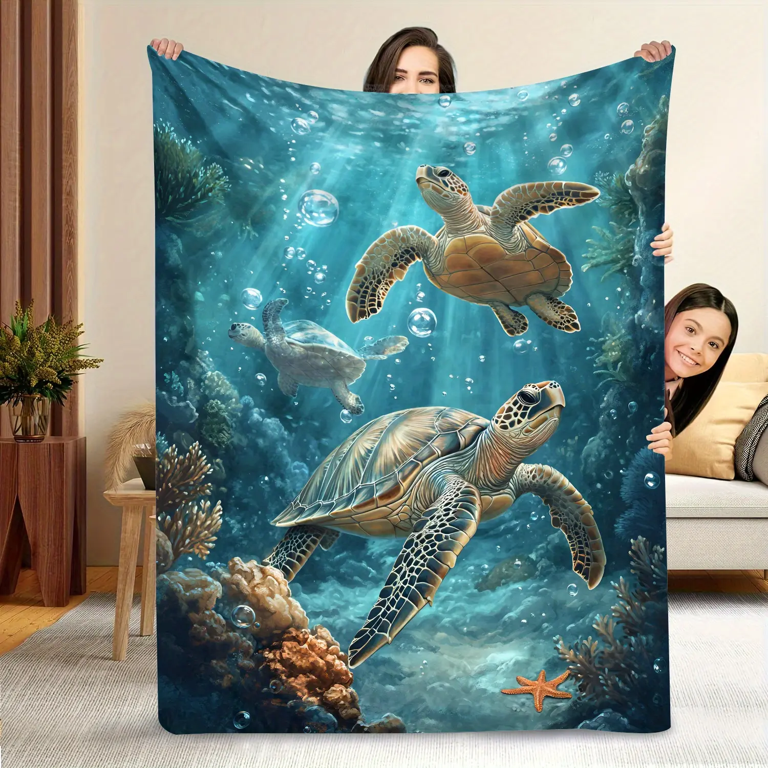 Deep Sea 3 Sea Turtle Pattern Classic Flannel Blanket - Wrinkle-Resistant, Breathable, Lightweight, Durable, All-Seasons Soft Bedding Throw for Afternoon Naps, Lounging on the Sofa, Ideal Gift