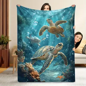 Deep Sea 3 Sea Turtle Pattern Classic Flannel Blanket - Wrinkle-Resistant, Breathable, Lightweight, Durable, All-Seasons Soft Bedding Throw for Afternoon Naps, Lounging on the Sofa, Ideal Gift