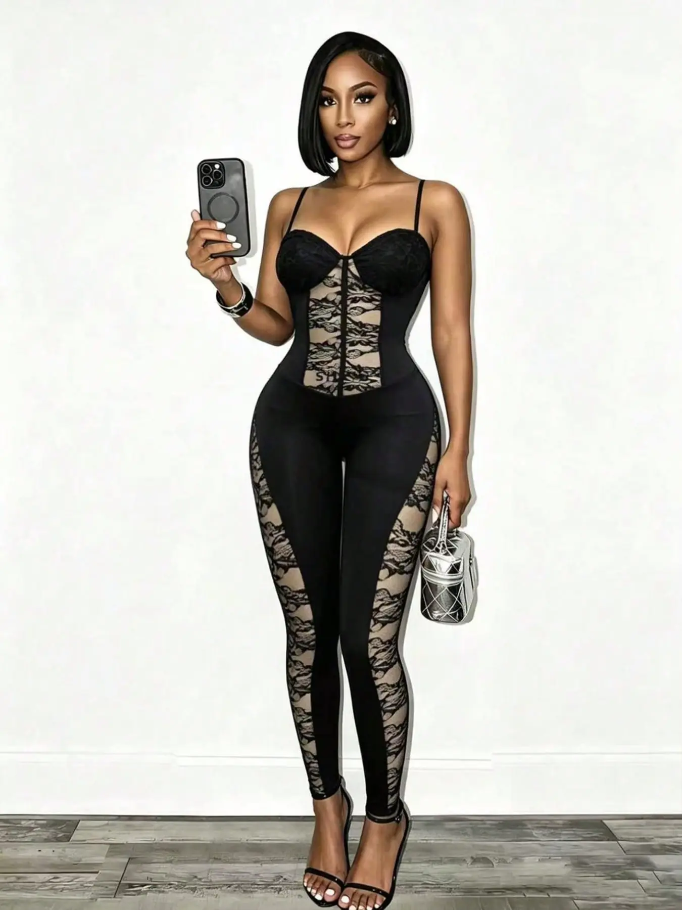 Women's Lace Sheer Halter One-Piece, European Style Sexy Crop Top High Waist Side Cutout Stretchy Bodycon Jumpsuit Nightclub