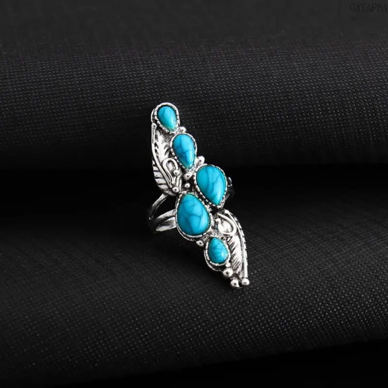 Women's Bohemian Ethnic Feather Ring in Alloy, Featuring a Dainty Inlaid Natural Teardrop Turquoise Stone, Rings