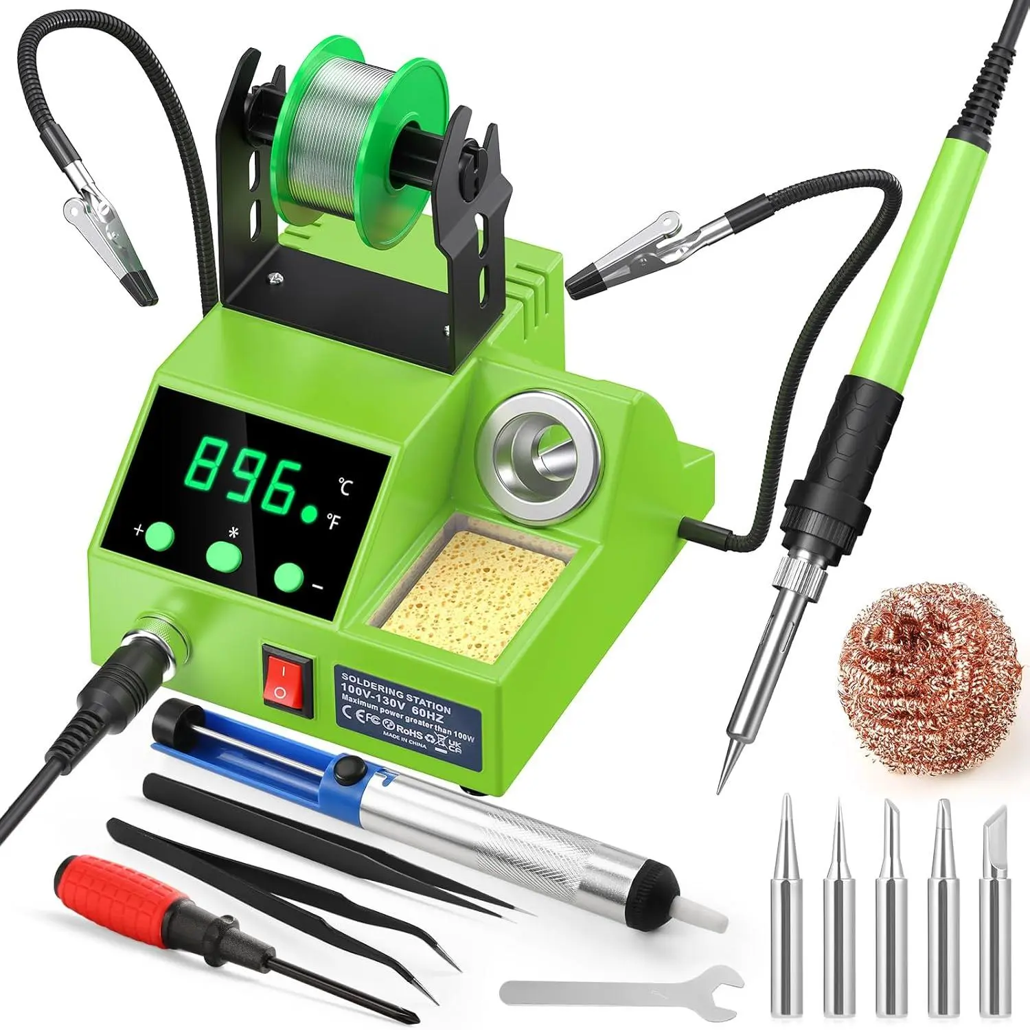 100W Digital Display Soldering Iron Station Kit with 2 Helping Hands, 356°F-896°F Temp Range, Auto Sleep, Temp Conversion, Solder Wire, Tips, Stand, Pump, Tweezers, Tip Cleaner (Green)