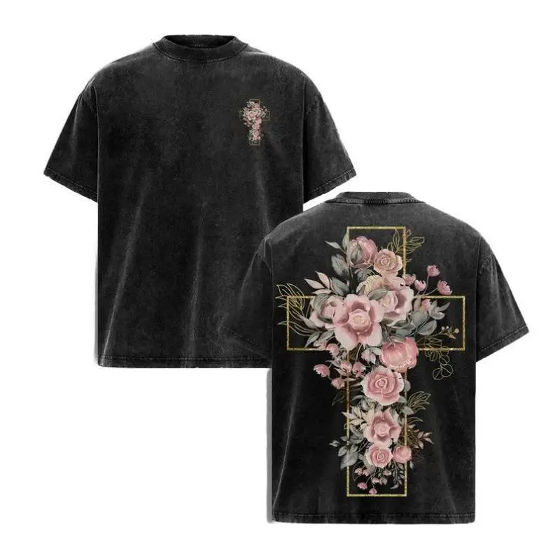 Women's Vintage Washed Romans 6:6 Christian Streetwear Oversized Short-Sleeve Round Neck Ribbed Fabric Top, Everyday Day Wear Style T-Shirt