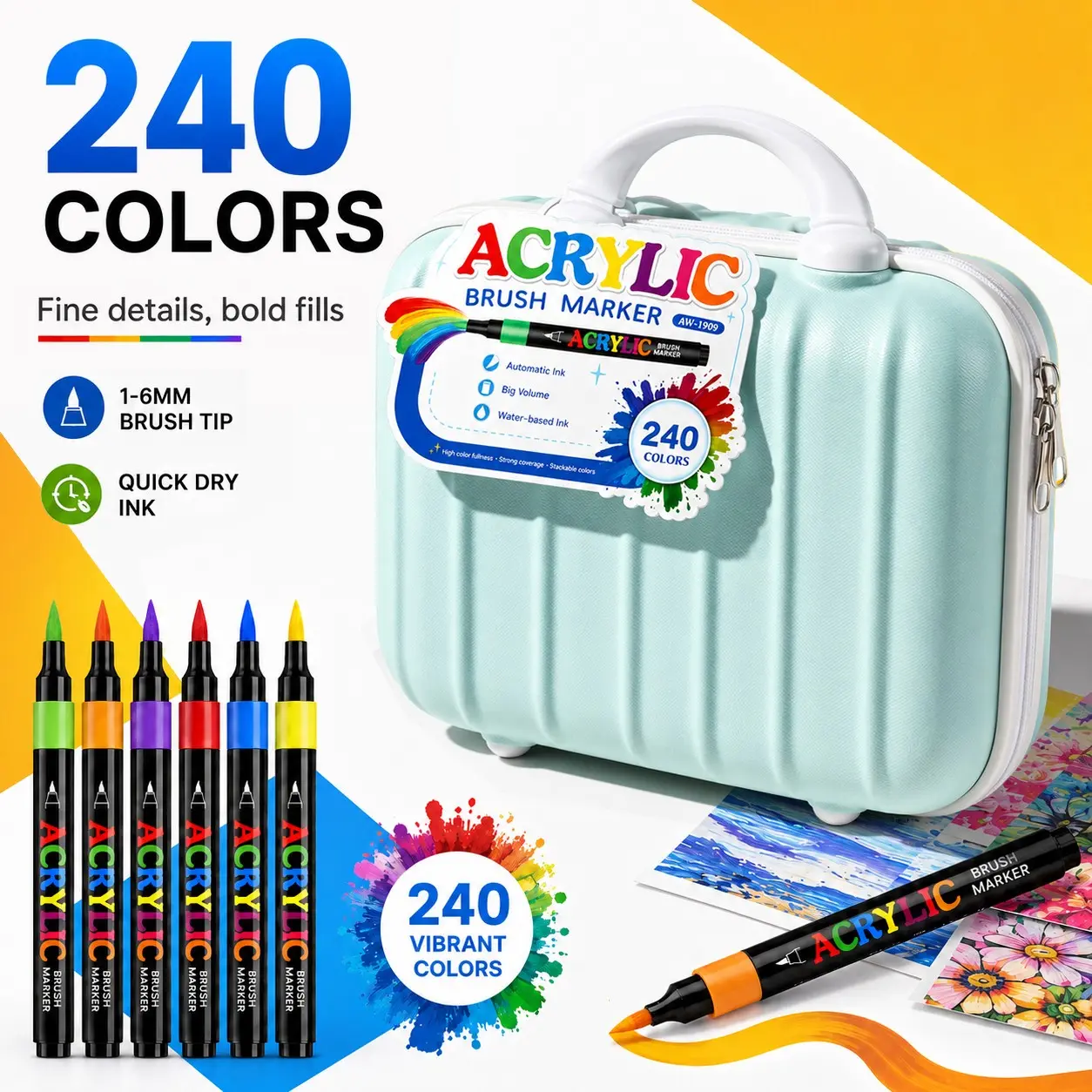 240 Colors Acrylic Paint Marker Pens, 1mm Fine Tip, Strong Coverage, Ideal for Rock Art, Ceramics, Wood, Plastic, Canvas, Glass, DIY Crafts, Art Markers Set