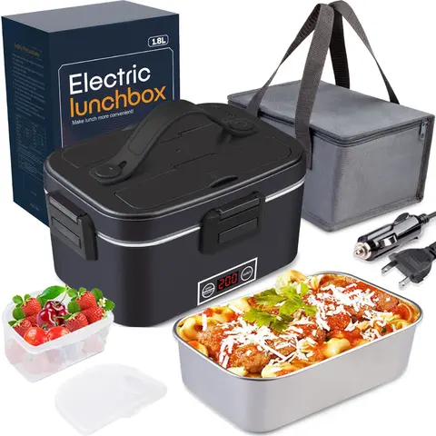 Nifogo 80W Electric Heated Lunch Box Portable, Stainless Steel 1.8L Leak Proof Multi-Voltage 12V 24V 110V with LED Display for Car, Truck Driver, Office, School