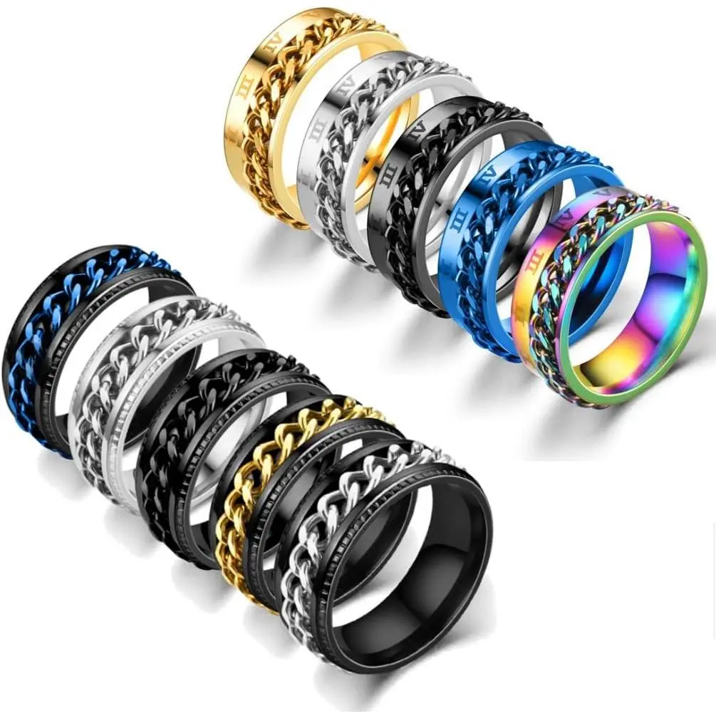 10Pcs 8mm Stainless Steel Spinner Rings for Men Women, Chain Fidget Band Ring Set, Multicolor Rotating Anxiety Relief Rings, Sizes 7-11