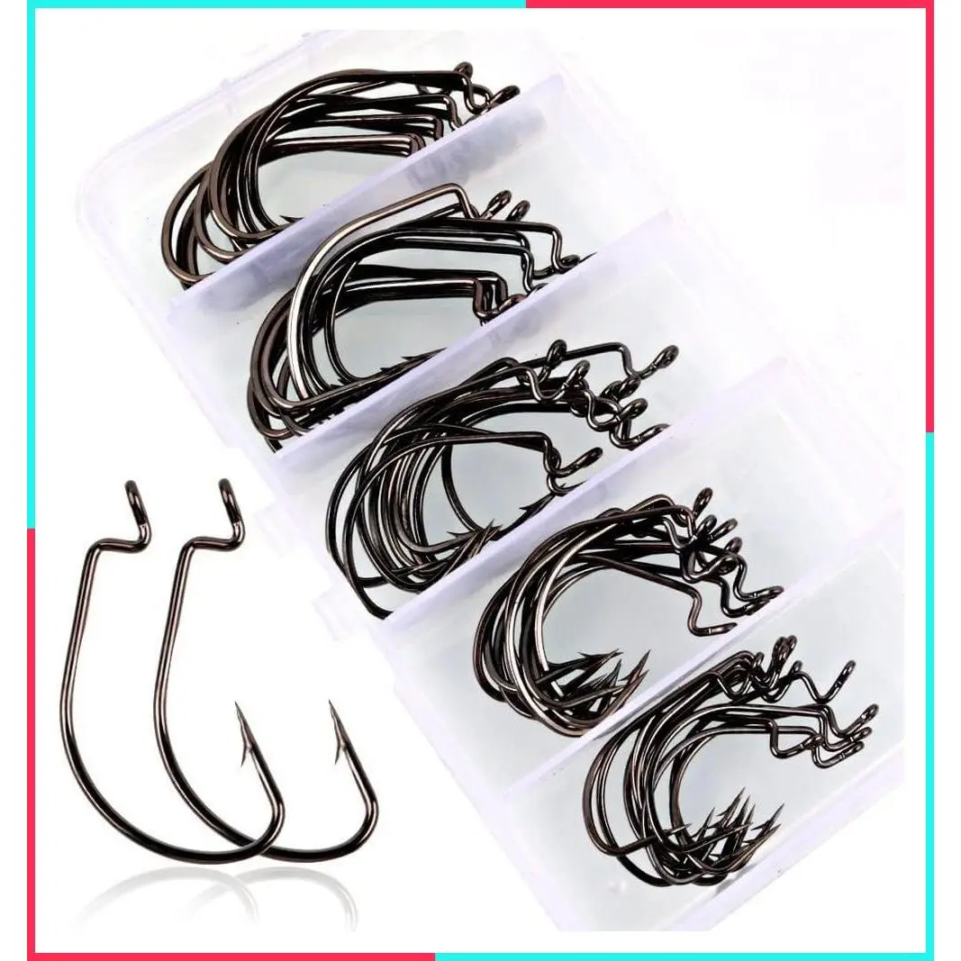 Offset Shank Worm Hooks – High Carbon Steel Weedless Fishing Hooks for Soft Plastic Baits, Texas Rig, Freshwater & Saltwater – 50PCS in 5 Sizes with Plastic Box
