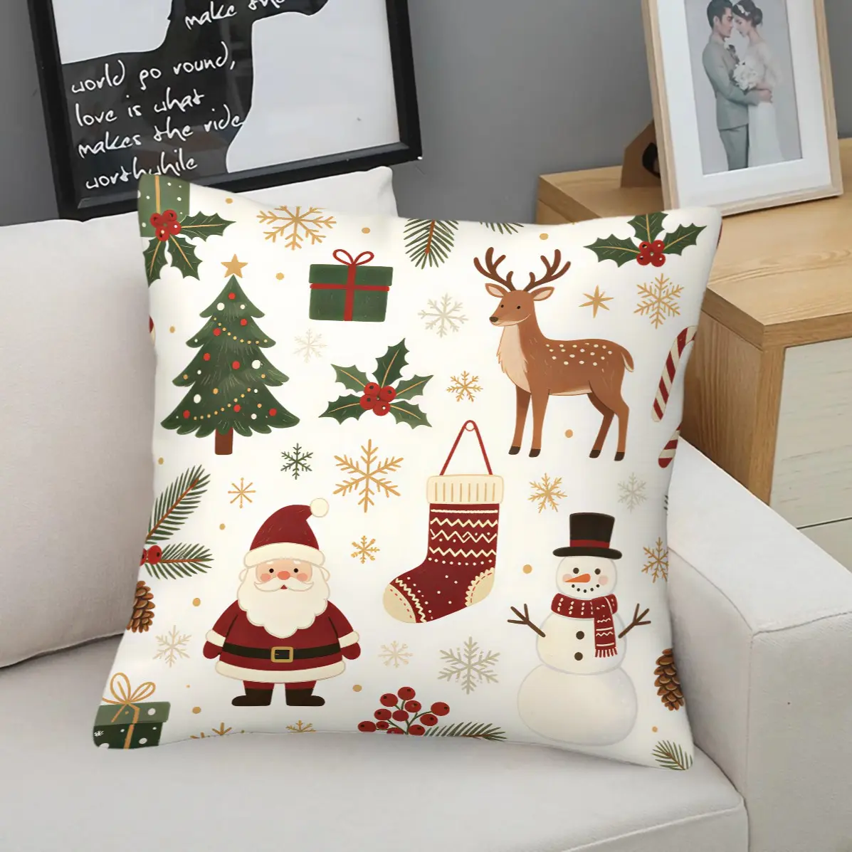 45x45cm 1Pc Vintage Cartoon Santa Reindeer Christmas Tree Throw Pillow, Washable, Trend Print, Plush Soft Insert Decor Cushion For Sofa Bay Window Living Room (With Pillow Insert)