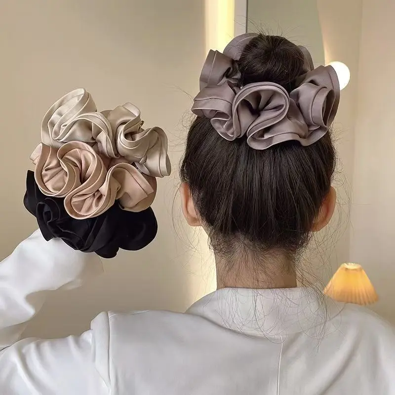 6 Colors Large Satin Ruffled Scrunchie 15cm Diameter, Oversized Smooth Fabric Hair Scrunchy, Neutral Tone Elastic Hair Tie for Thick Hair Daily Elegant Bun Ponytail Styling