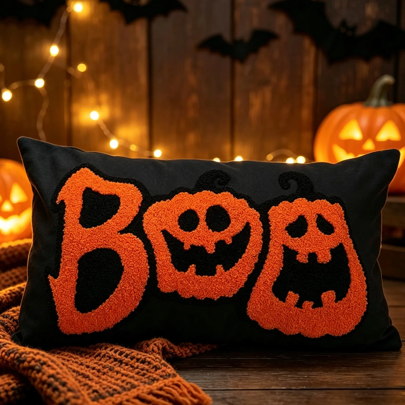 Halloween Boo Pumpkin Plush Pillow, Rectangular Decorative Cushion, Ideal for Home Sofa, Fall Halloween Party Setup