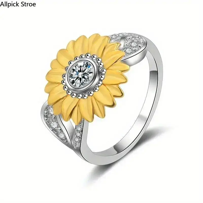Vintage Sunflower Birthstone Ring for Women, Elegant Stainless Steel Charm with Zircon Inlay for Daily Wear & Special Occasions, Flowers, Female, Shiny Zircon Inlay, Synthetic/Simulated Coloured Gemstone, Oxford Cloth, Metal Ring Charms & Twillies, Artifi