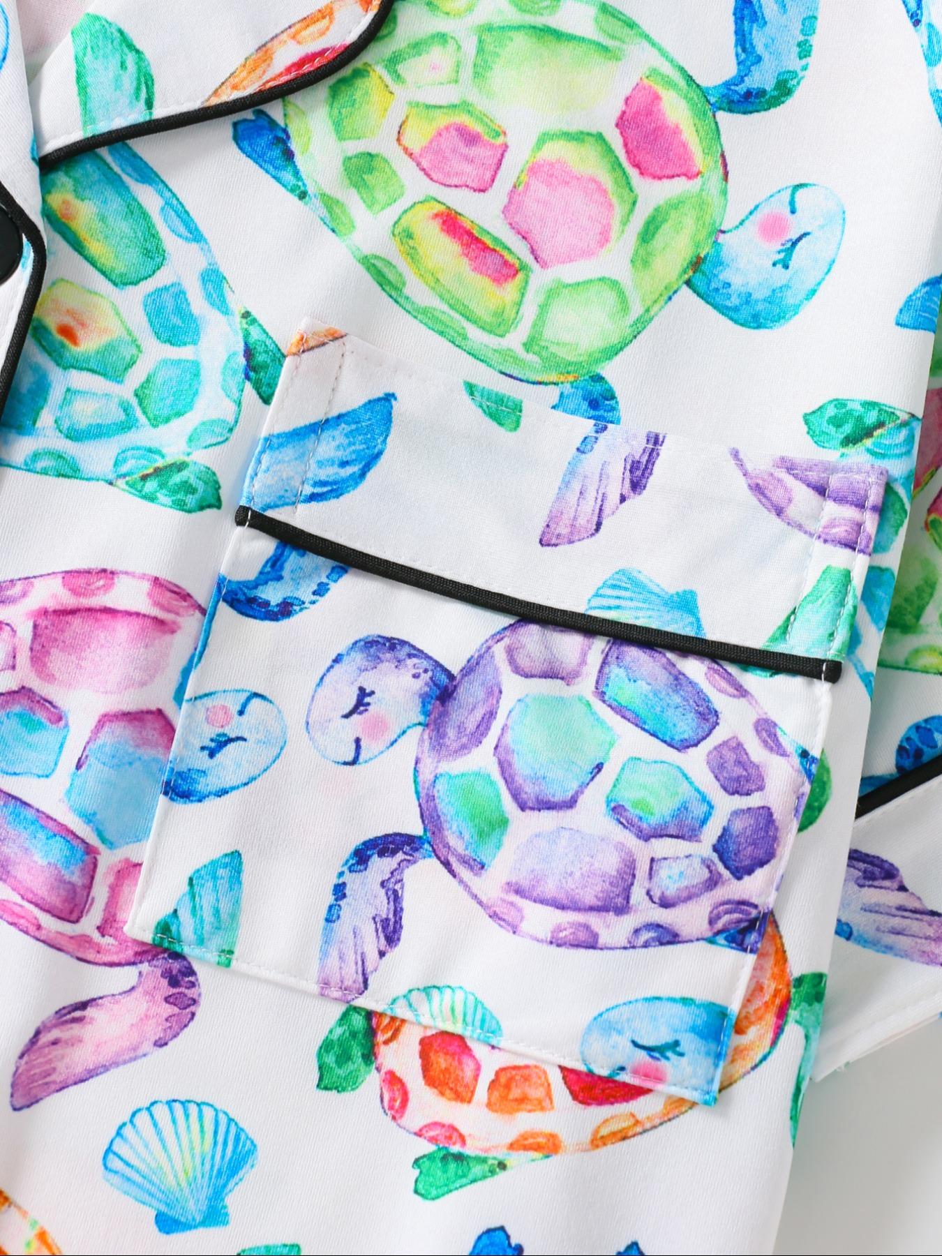 Women's Turtle Print Shirt & Shorts Pajama Two-piece Set, Casual Comfy Short Sleeve Top & Shorts Pajama Set, Ladies Summer Sleepwear & Loungewear