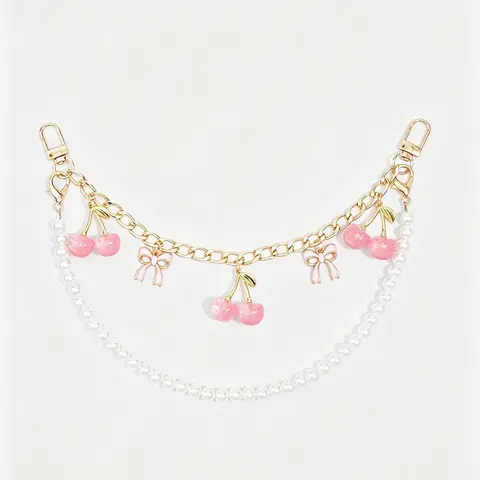 10.6-Inch Elegant Bag Chain Set, Faux Pearl Cherry & Bow Keychain Charms, All-Season for Purses and Handbags, Girly Purse Accessories