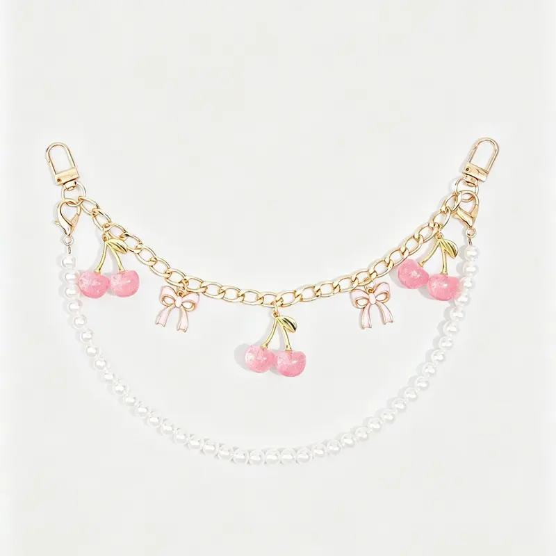 10.6-Inch Elegant Bag Chain Set, Faux Pearl Cherry & Bow Keychain Charms, All-Season for Purses and Handbags, Girly Purse Accessories