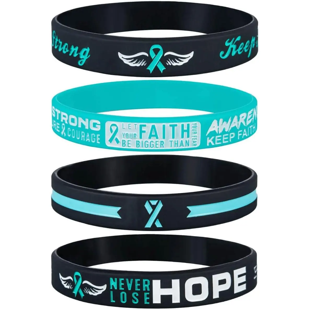 Teal Ribbon Awareness Motivational  Bracelets with Inspirational Saying - FAITH, , AWARENESS, Colourful Cancer Wristbands Gifts for Men Women, Survivors,