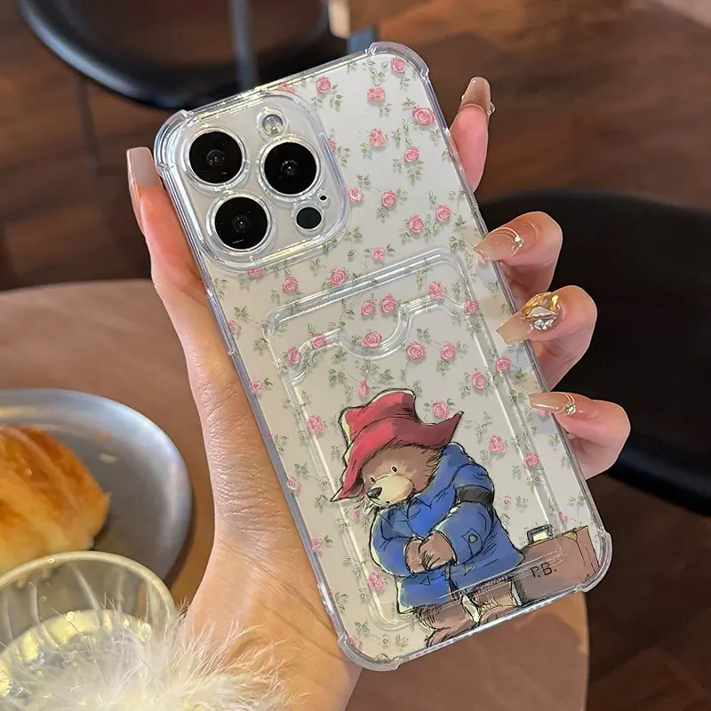 Paddington Bear Floral Design Phone Case, Transparent Card Slot, Full Protection Shockproof Tpu Shell, for iPhone 11-17, Gift Idea