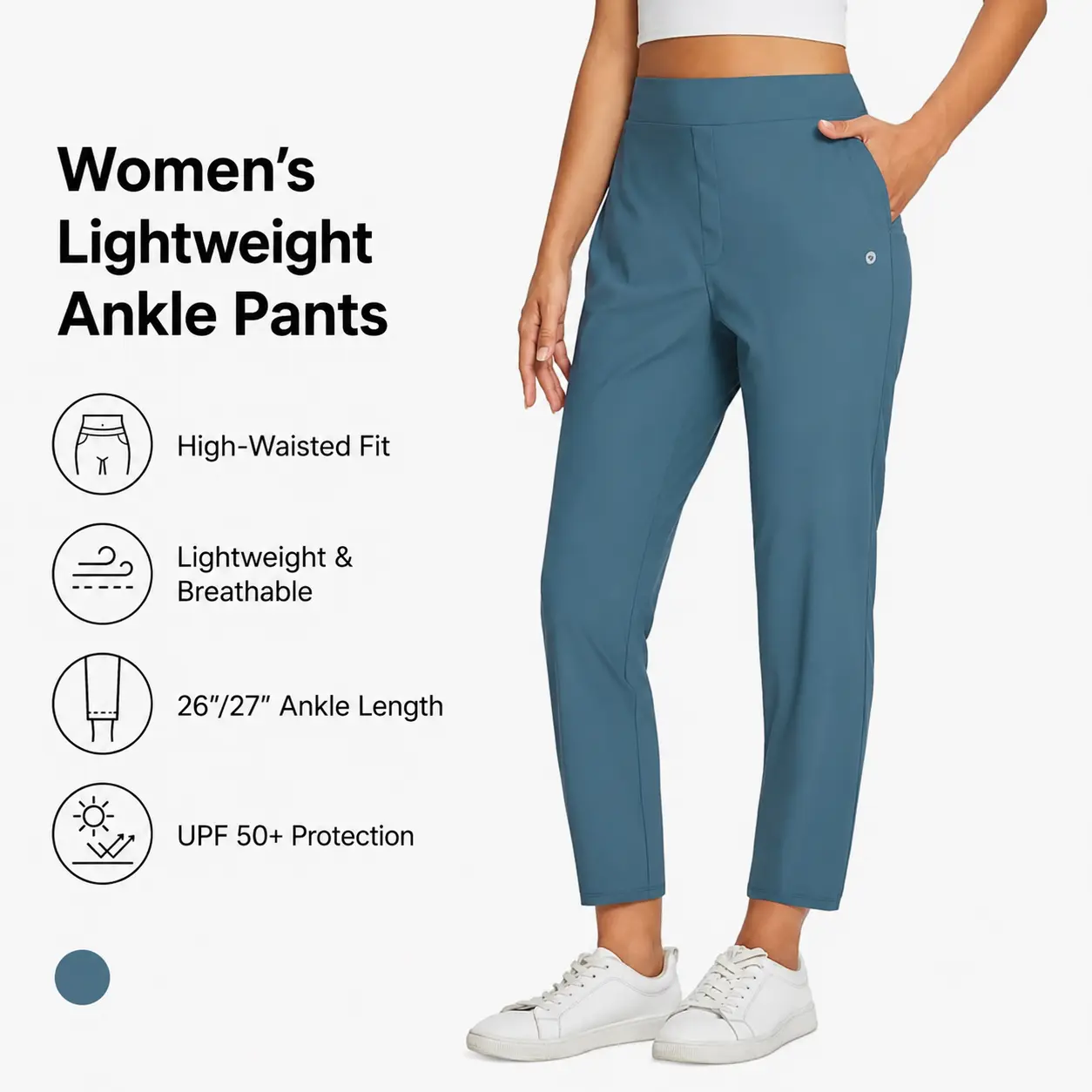 Women's Fitted Spandex Summer Ankle Pants - 26"/27" Lightweight, Breathable, Silky Soft, Stretchy, UPF50 Bottoms with Zippered Pockets for Business Casual, Golf Outfits essential