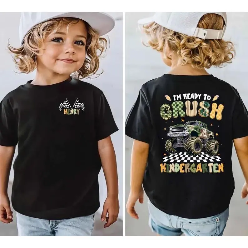 Ready to Crush Kindergarten Shirt for Boys, Custom Name Truck Shirt, Toddler Back to School Tee Personalized