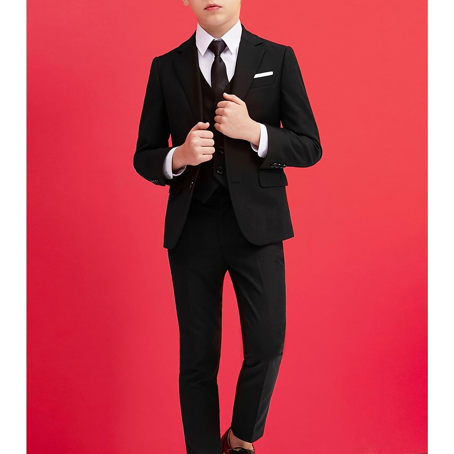 Jacket+Vest+Pants+Tie-4pcs Set Formal Dress Piano Performance Graduation Ceremony Suit Wedding Attire Boys 3D Printed Short-sleeved Shorts Slim Fit Kids Formal Tuxedo Suit camo hoodies Print Pocket Plaid Boy's Formal Suit Set jacket Blue Boys Formal Suit