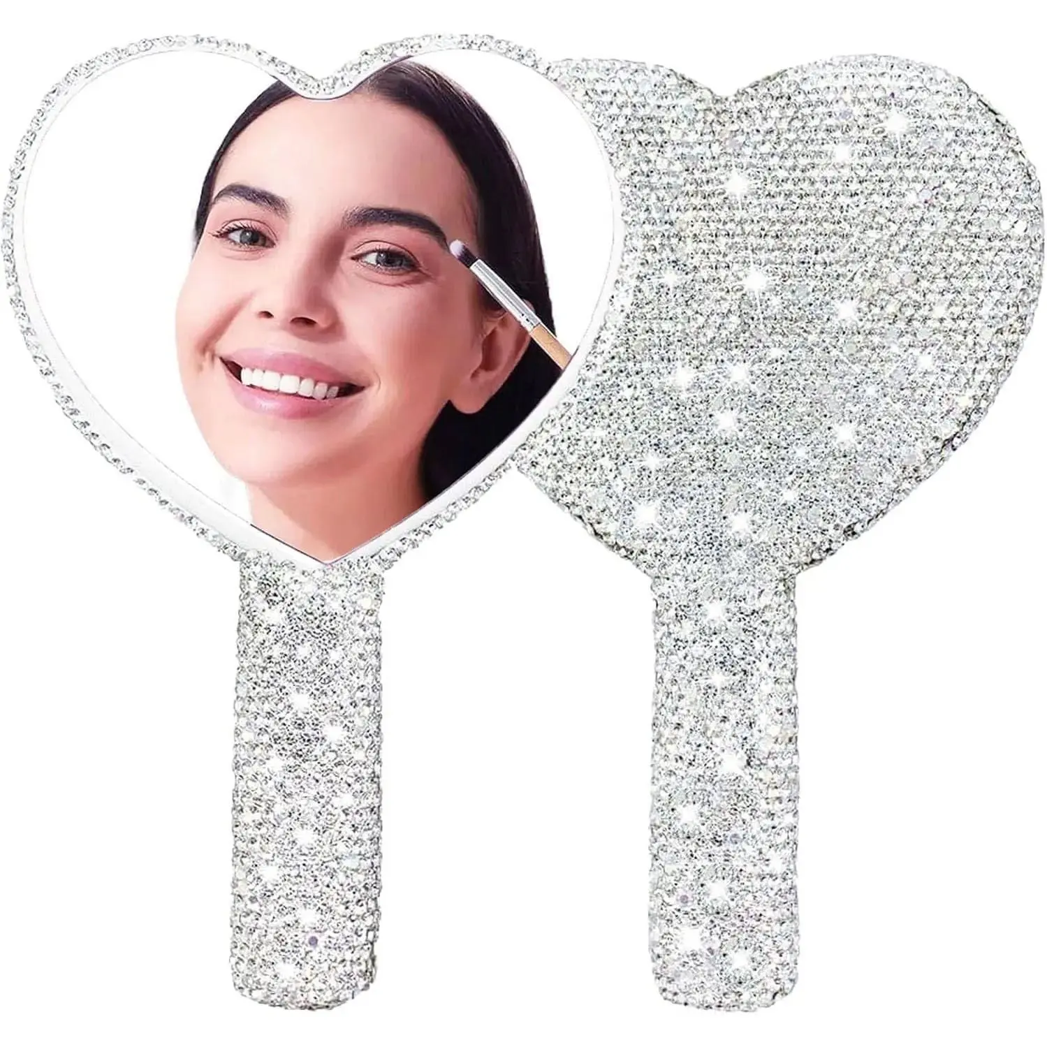 Women's Large Rhinestone Heart-Shaped Base Design Handheld Mirror with Ergonomic Handle, Bling Glitter Cosmetic Dazzling Portable Mirror for Wedding Use, Design Handheld Mirrors, Ergonomic Handle Handheld Mirrors