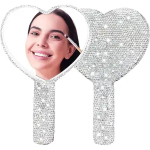 Large Rhinestone Handheld Mirror Heart Bling Glitter Cosmetic Dazzling Portable Hand Mirrors with Handle for Women Wedding