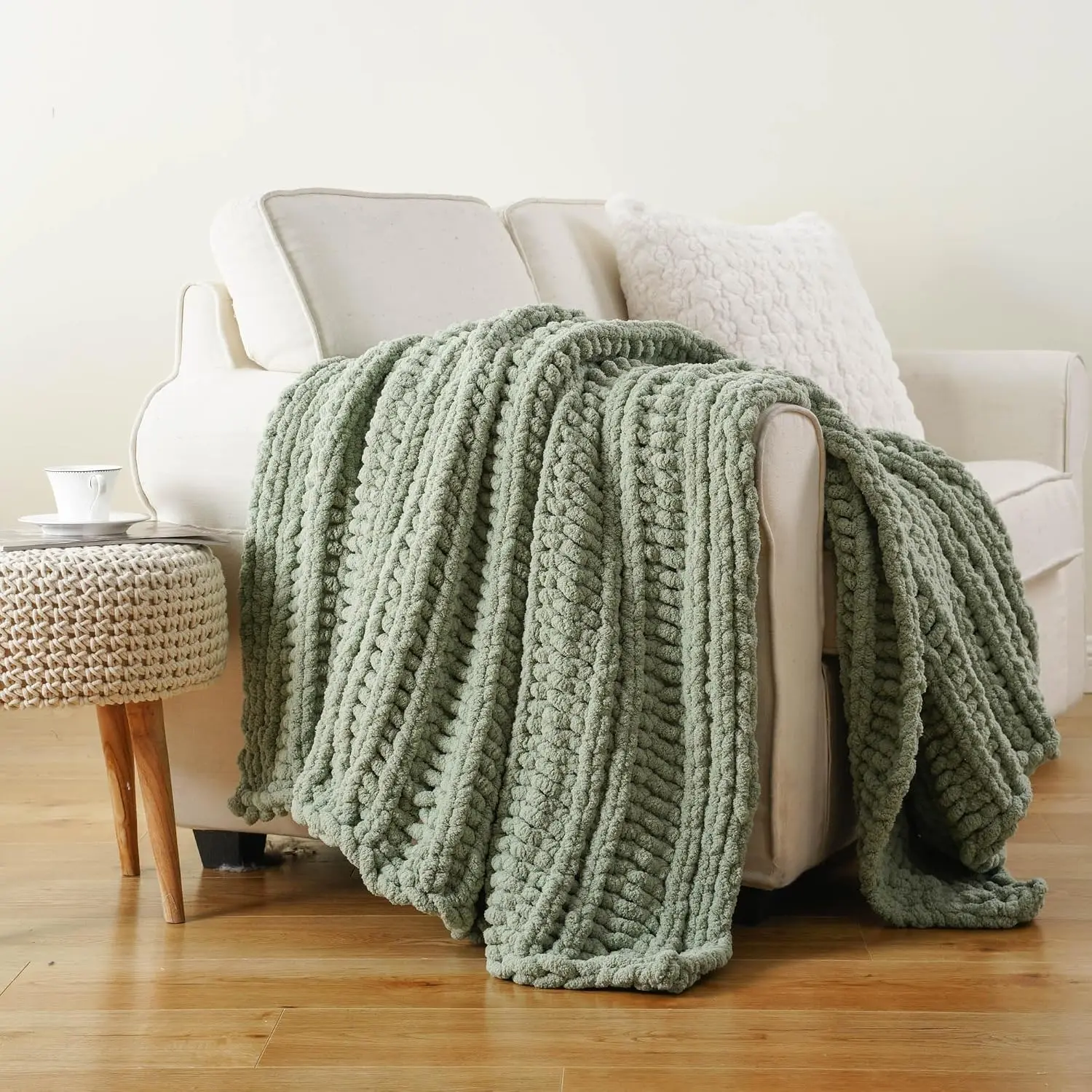 Chunky Knit Throw Blanket for Couch, 50"x60", Sage Green | Sage Blanket Hand Knit Cozy Warm Thick Soft Chenille Throw Blanket for Bed, Sofa, Chair, Living Room