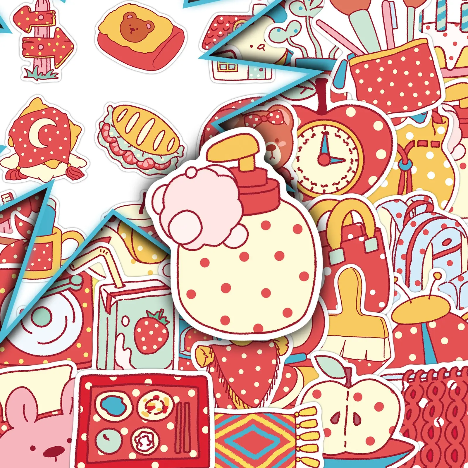 100 Sheets of Polka Dot Cartoon Cute Fresh Red Series Decorative Stickers for Scrapbook, Phone Case, and Water Bottle