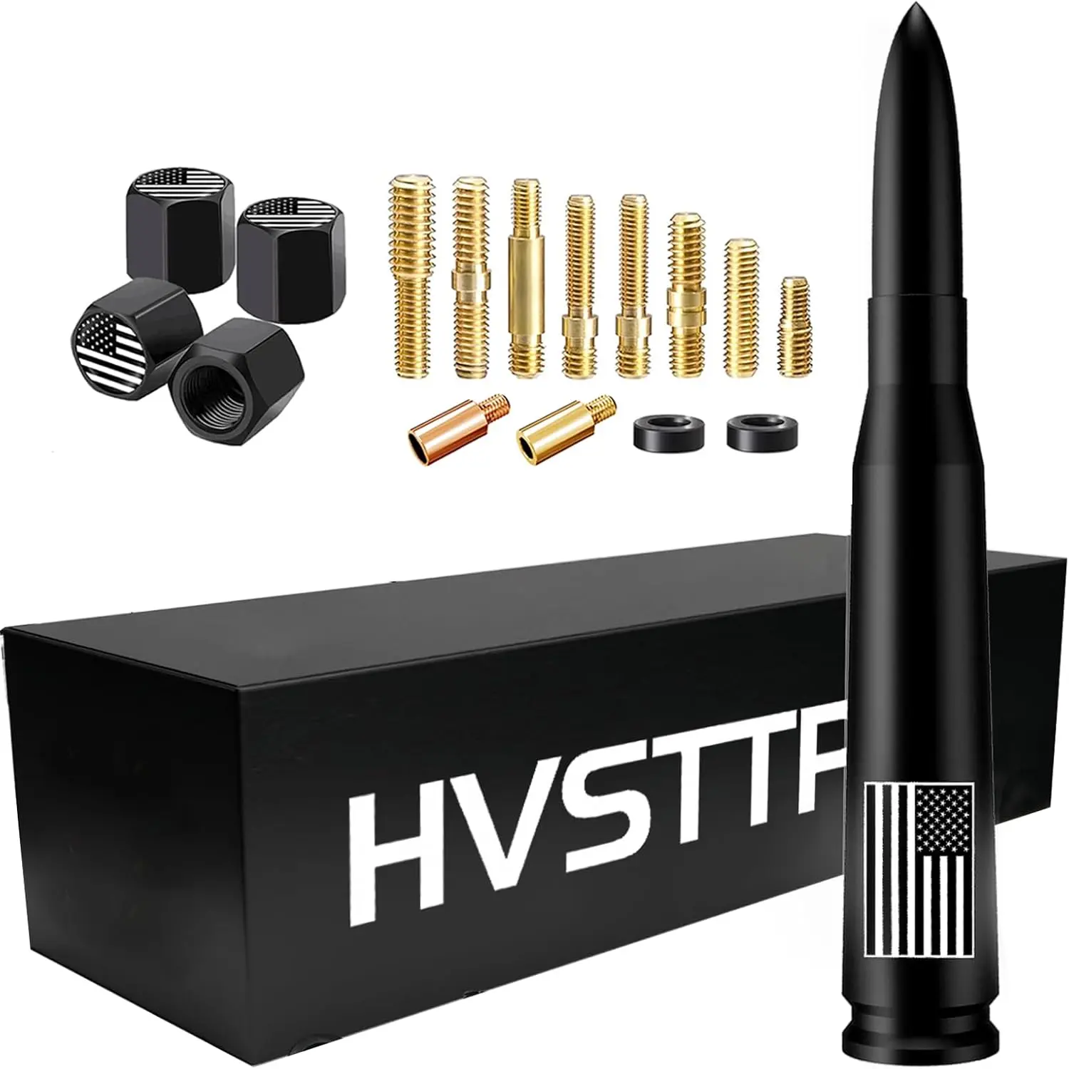 New America Flag Truck Bullet Antenna with Valve Stem Caps-Car wash Safe-Universal Mast for GM Chevy Silverado 1500 2500 3500 HD Avalanche Ford F150 F250 F350 Denali Pickup Car Accessories, Black