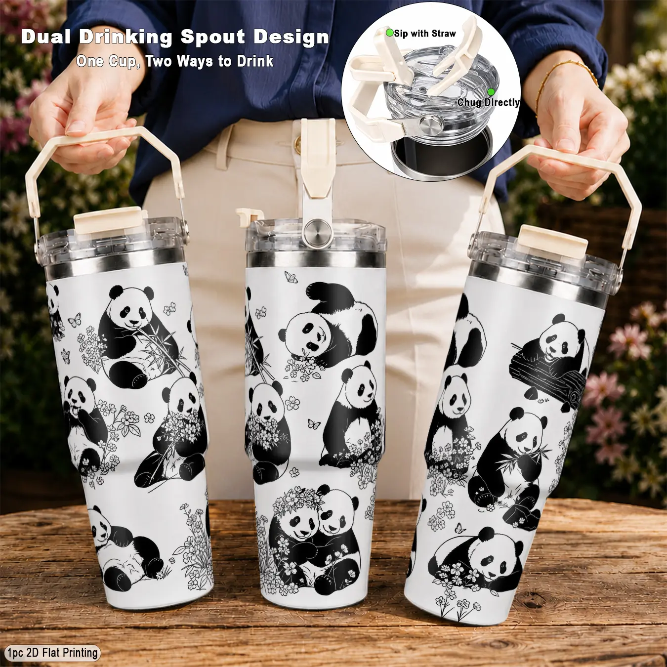 30oz 304 Stainless Steel Insulated Vacuum Drinkware Leakproof Tumbler Ice Tumbler, with lovely cartoon panda flower pattern, leak proof lid dual drinking ports fits car cup holder, for gym yoga outdoor activities, ideal as holiday gift for family