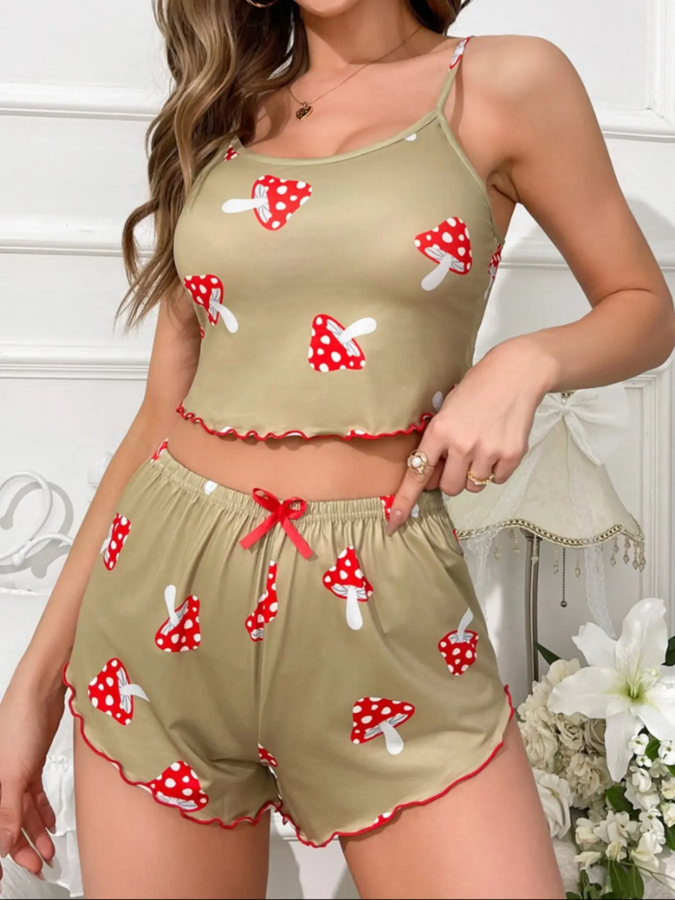 Women's Adjustable Strap Pajama Set, Mushroom Pattern Sleepwear Shorts & Top, Casual Home Wear for All Seasons, Comfortable