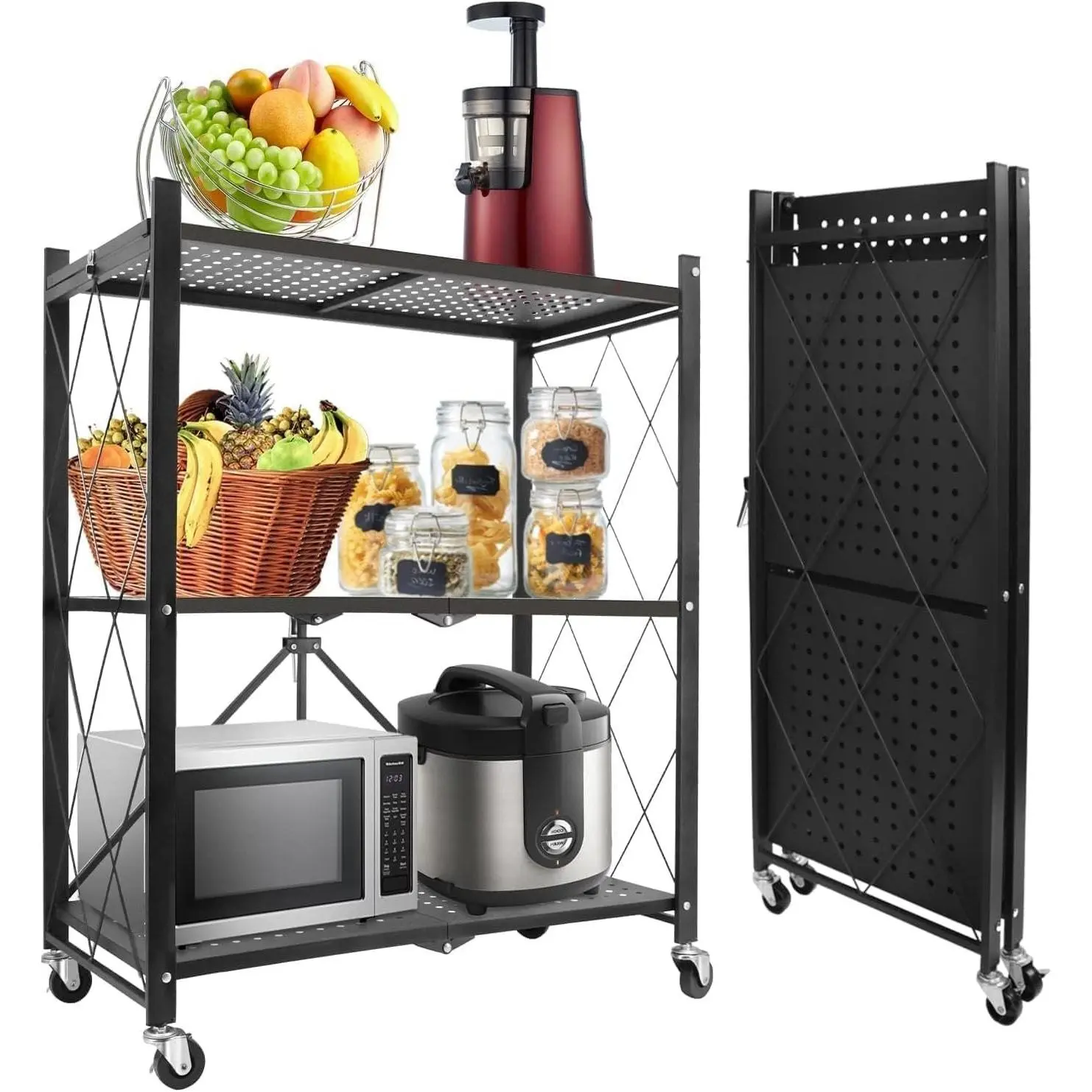 3 Tier Foldable Storage Shelves with Wheels, Kitchen Appliance Stand, Freestanding Metal Wire Shelf Rack, No Assembly Organizer Rolling Cart for Garage, Basement, Pantry (Black)