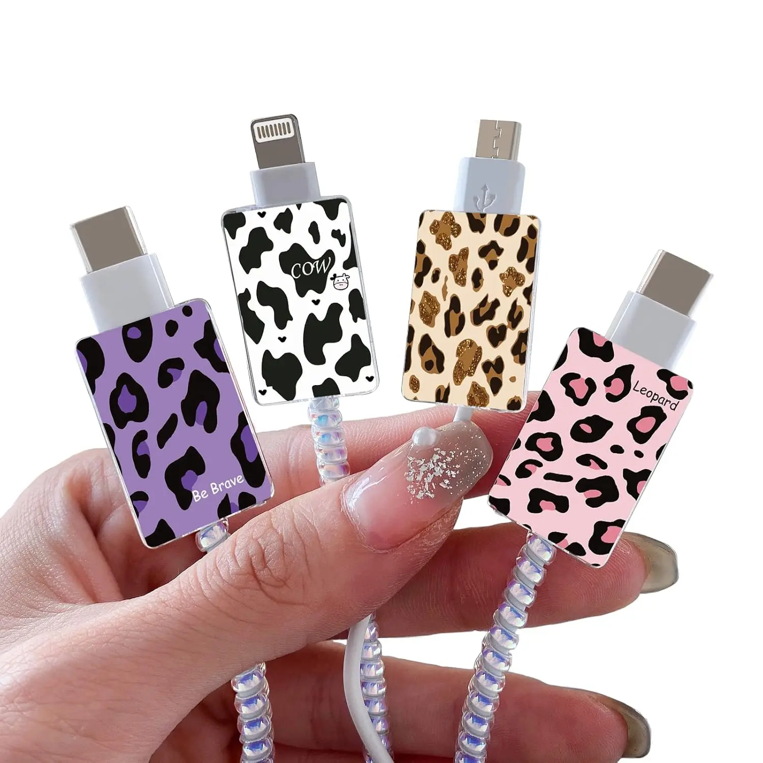 Women's Cow-Leopard Kawaii USB Charger Guards - 4-Count Synthetic Type-C End Protectors for iPhone/iPad Data Cables