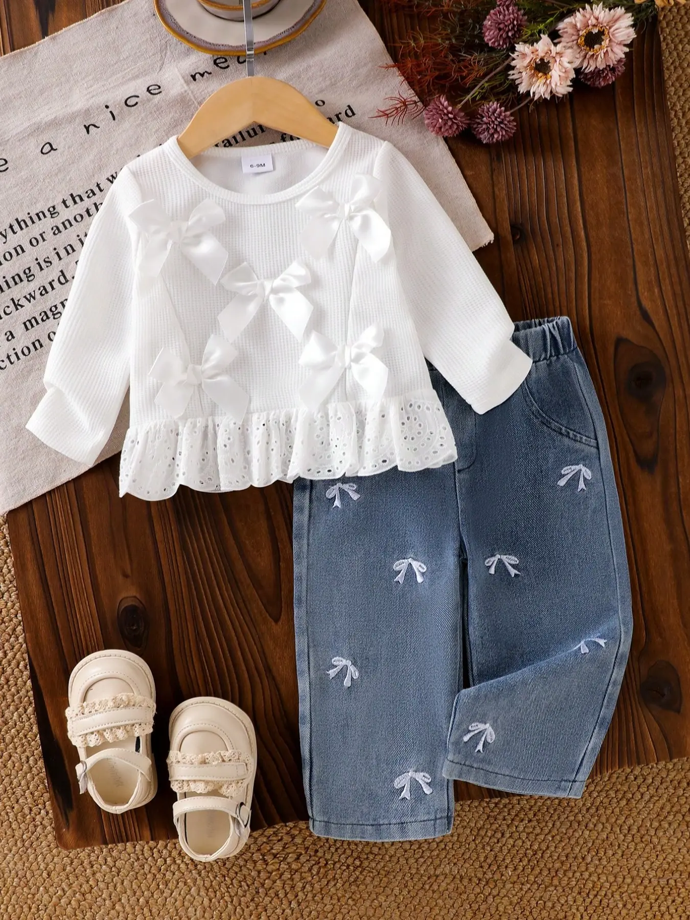 Baby Girl Spring Fall 2-Piece Set, Long Sleeve Top with Ruffles, Bow Embroidery Jeans Pants, Casual Loose-Fit Suit