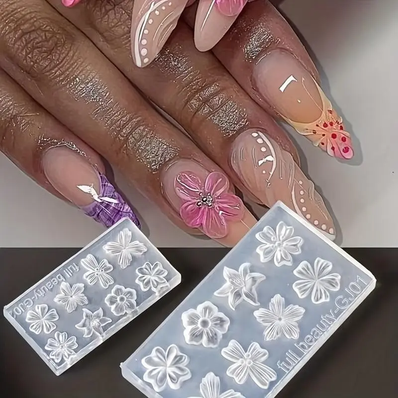 2pcs Nail Art Silicone Molds, 3D Embossed Flower Patterns, Clear Silicone Molds for Gel Nail Decoration, Flower Nail Art, Clay Crafts & Resin Projects, Manicure Nail Art, Nail Art Tool, Nail Art Supplies, Nail Designs