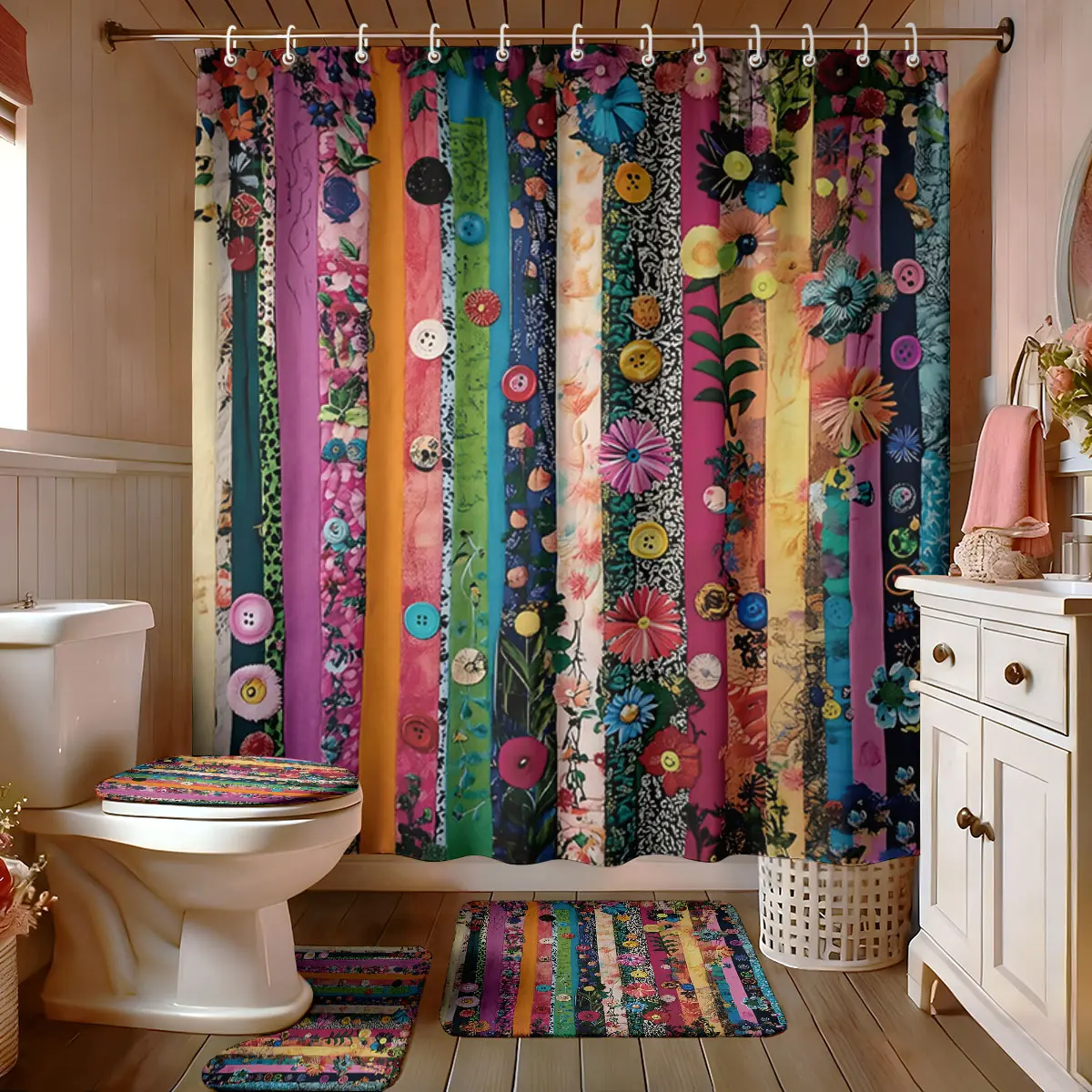 4PCS colorful flower collage bathroom set, shower curtain set, including a non-slip mat, toilet seat, and bath mat, suitable for modern bathroom decoration, and a bathroom set with 12 hooks.