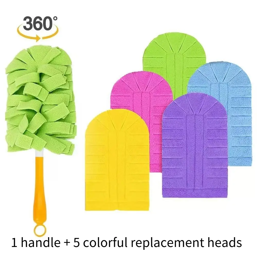 Microfiber fleece duster set with 1 handle & 5 colorful replacement heads, 360° rotatable, wet & dry dual use for cleaning gaps, window sills and appliance dust