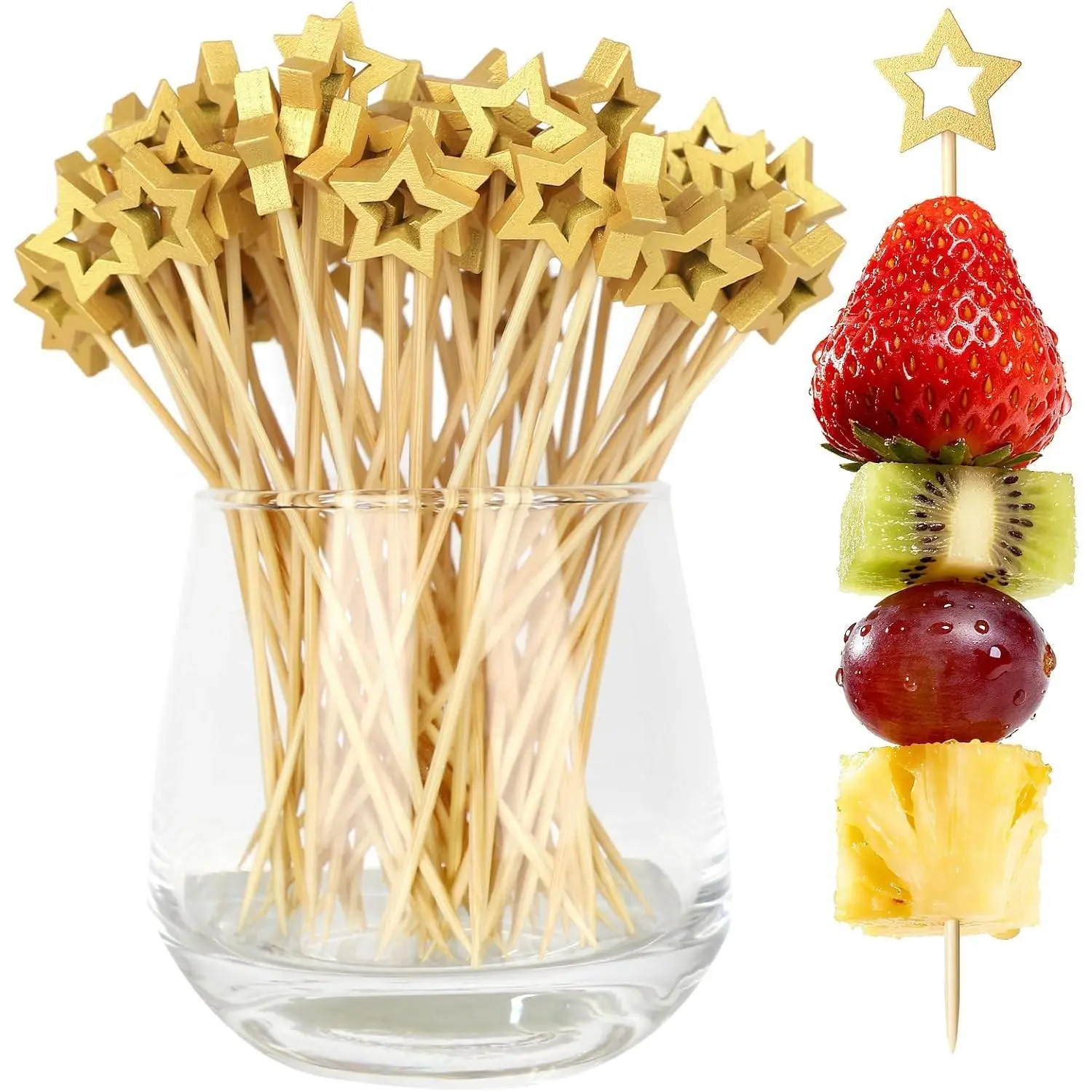 100PCS Gold Star Cocktail Picks, Decorative Fancy Toothpicks for Appetizers | 5.2 Inch Long Bamboo Skewers, Wooden Garnish Sticks, for Drinks, Food, Fruit, Party Supplies, Charcuterie Boards Accessories