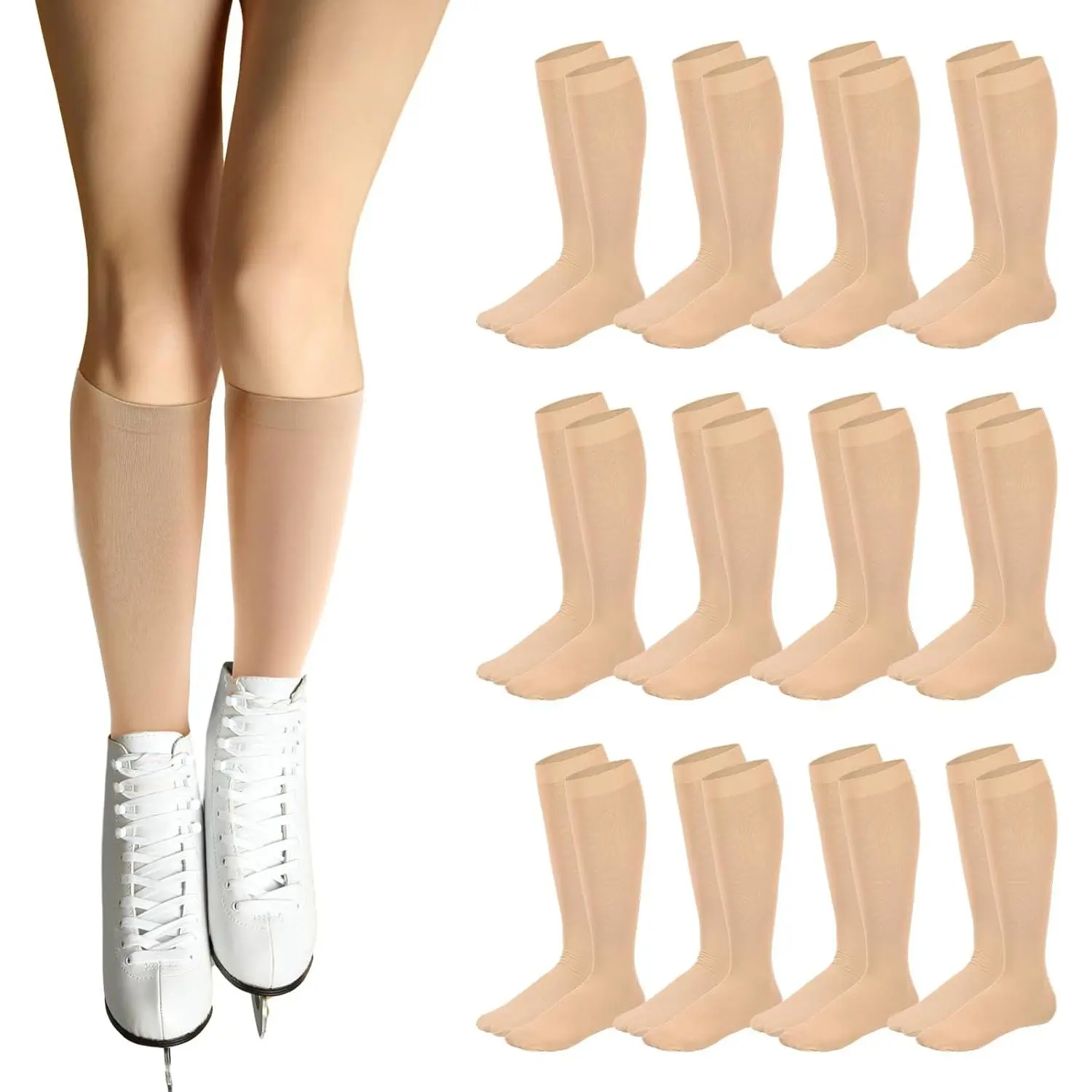 12 Pairs Women Girls' Roller & Ice Skating Socks, 1-Size Opaque Fabric Stockings for Figure Skating Activities