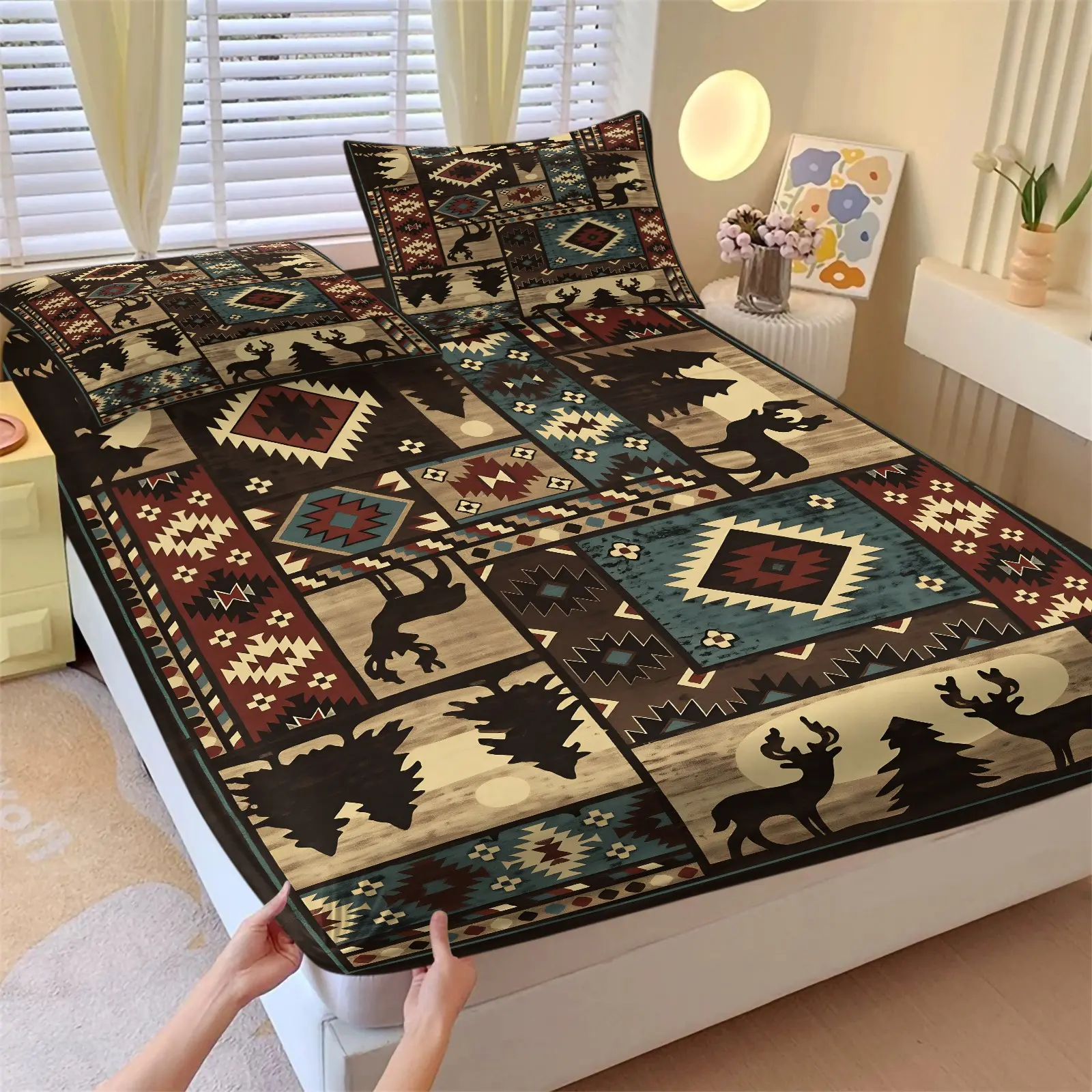Navajo Western Forest Reindeer Patchwork Fitted Sheet Set & 2 Coreless Pillowcases-Vintage Ethnic Geometric and Forest Silhouette-Non-Slip Mattress Protector-Rustic Adult Bedroom/Boy's Teen Room Decor