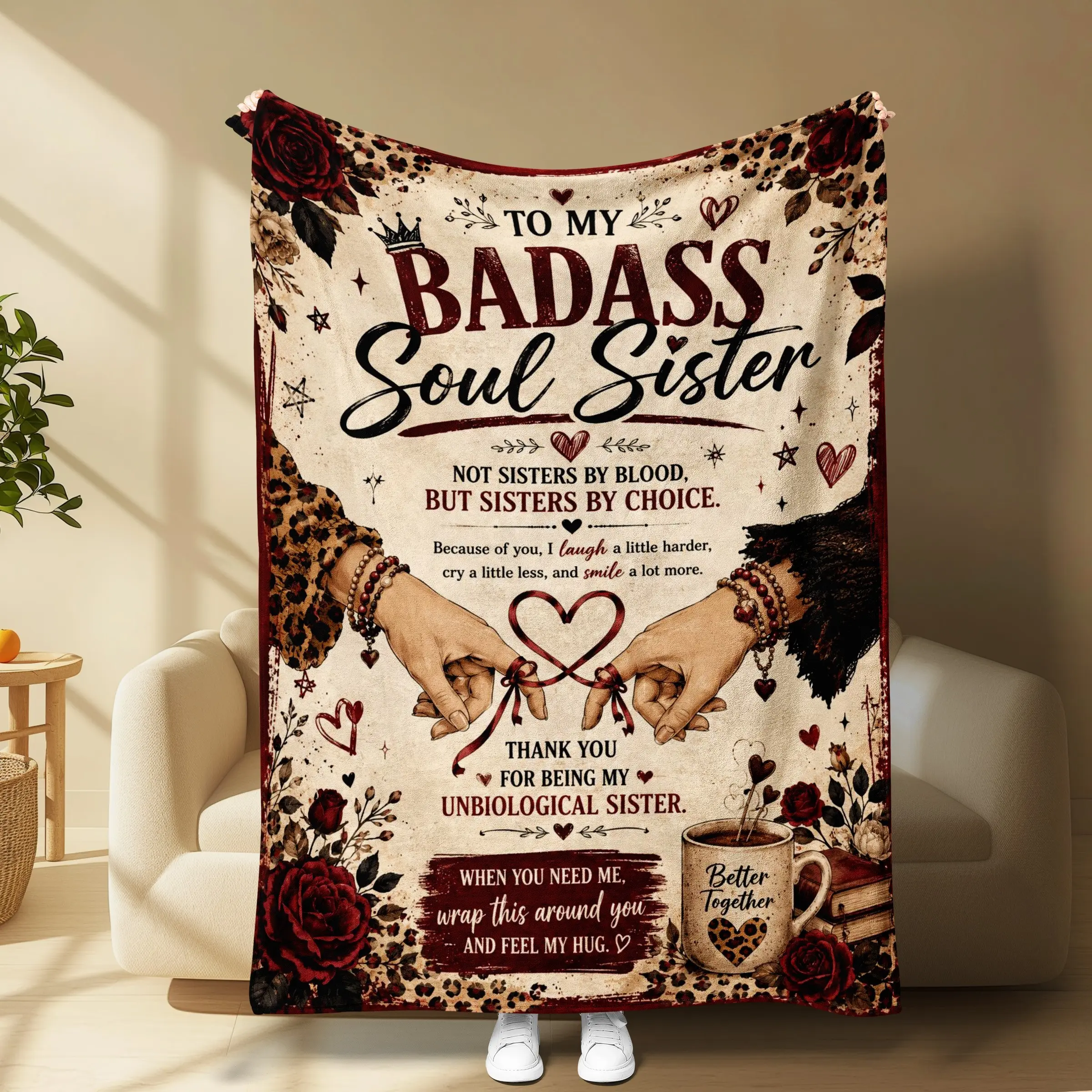 To My Badass Soul Sister Flannel Blanket, Sister by Choice Best Friend Throw, Leopard Rose Birthday Gift for Her