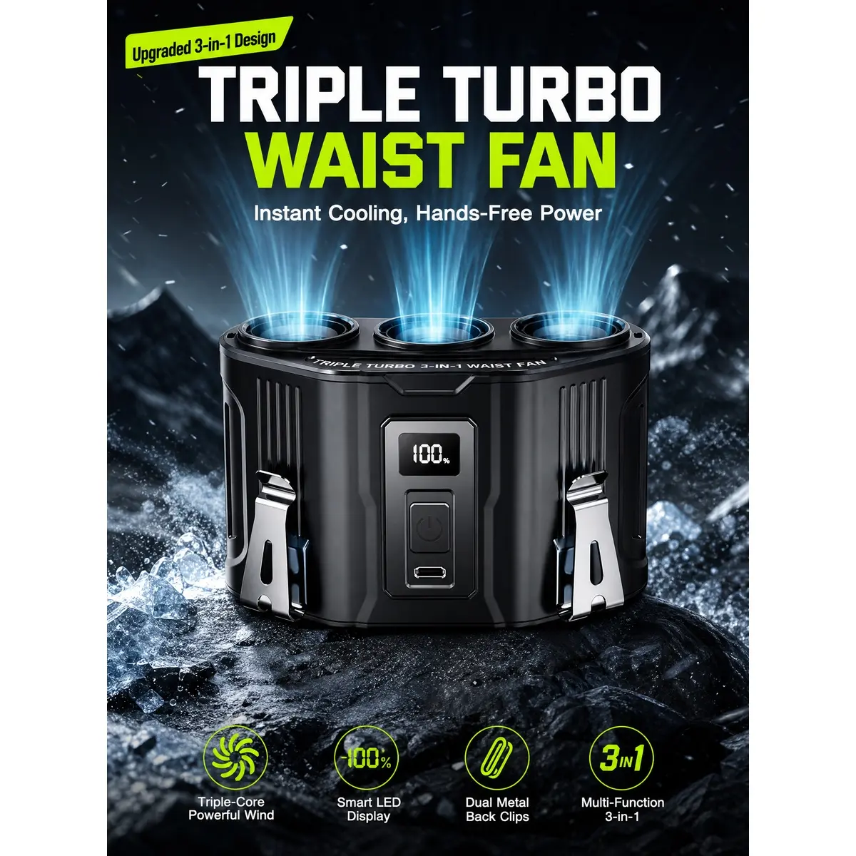 3-hole waist fan, strong airflow, long-lasting battery life, rechargeable clip-on waist fan, portable personal cooling fan, suitable for outdoor high-temperature work