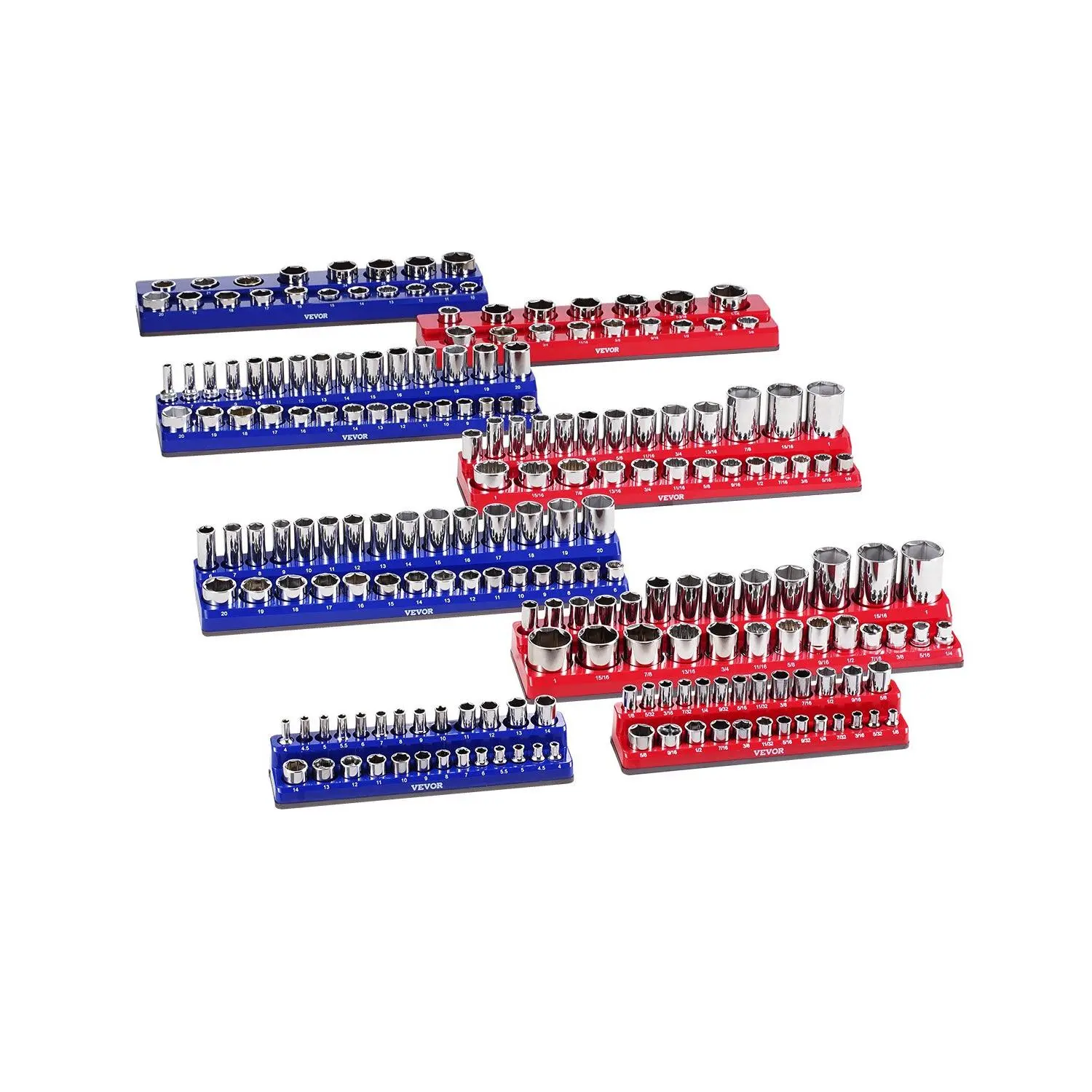 VEVOR Magnetic Socket Organizer Set, 8PCS Socket Holder, 1/4'', 3/8'' 1/2'' Metric SAE Socket Trays with Clear Labels, Hold up to 199PCS Standard Deep Sockets, Blaue Red (Sockets Not Included)