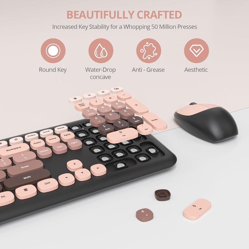 Cute Colorful Keyboard and   Silent, Full-Size Retro Typewriter  Quiet Black and Pink Keyboard Low-Noise 2.4GHz for Computer, Desktop, Laptop(6-Heimei)