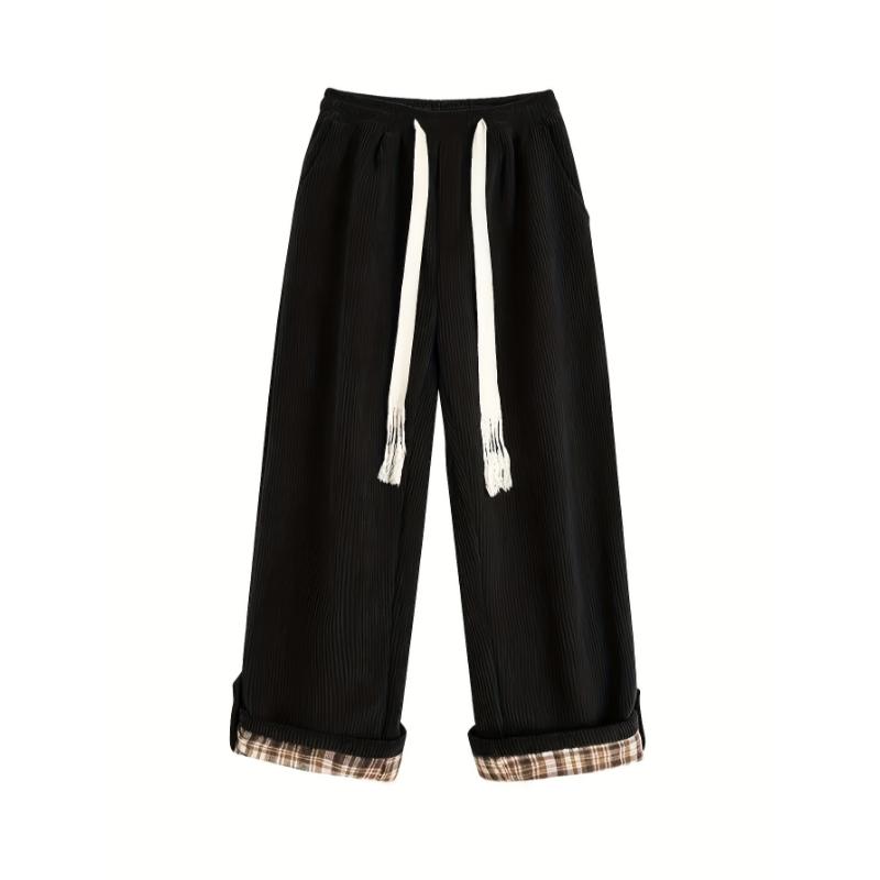 Fashion men's wear: Men's Casual Corduroy-Textured Wide-Leg Pants with Plaid Contrast Cuffs - Beige & Brown All-Season Straight-Leg Trousers, Machine Washable for Casual Attire