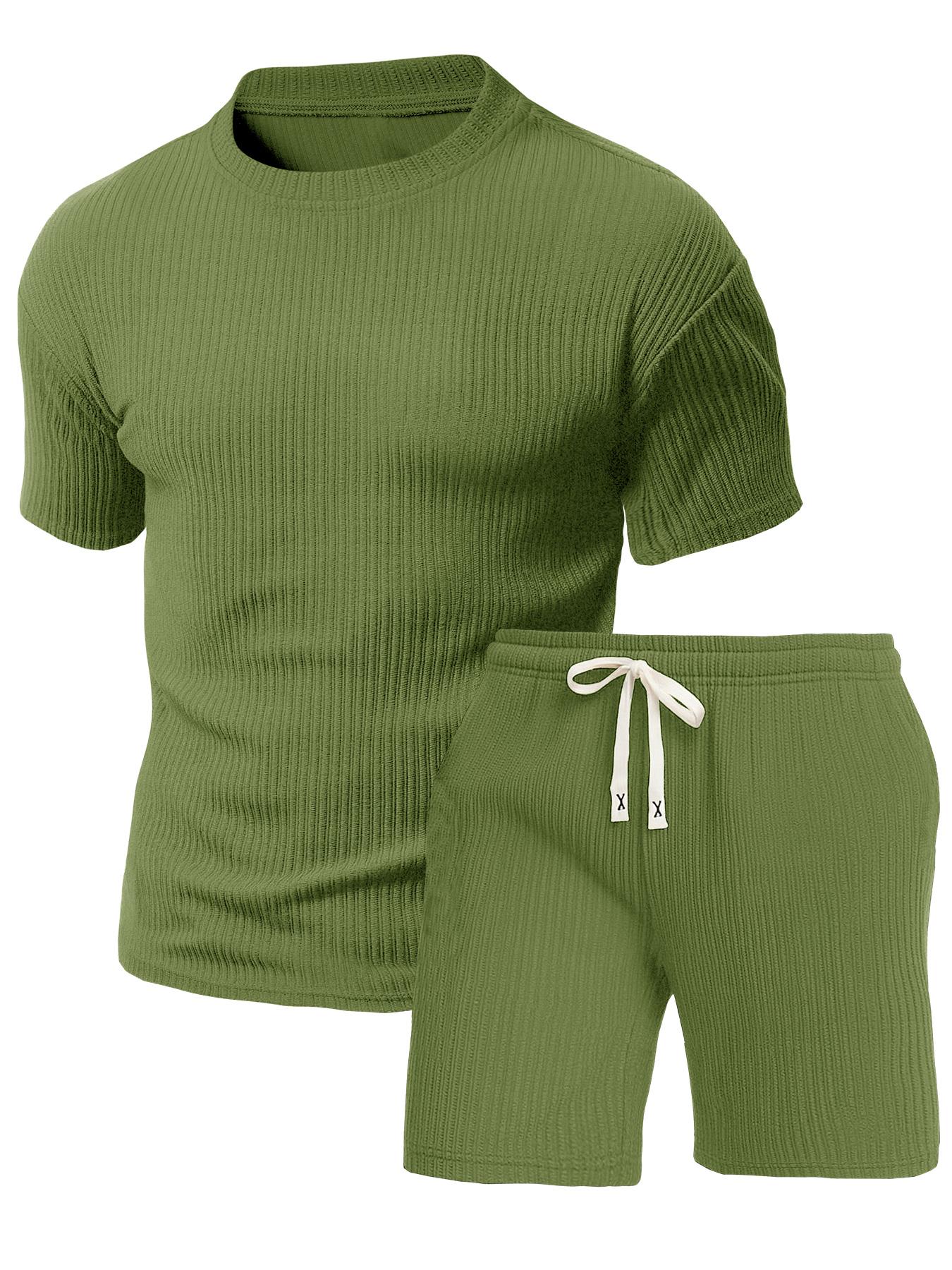Rib-Knit Texture Co-Ord Set Mens Premium Breathable 2 Piece Outfit with Vertical Rib Weave Detail and Drawstring Elastic Waist Shorts for Casual Daily Wear and Lounge Sessions